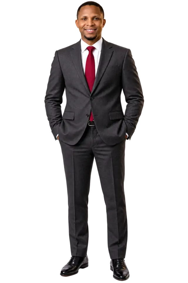 Full-length portrait of Mandela Onwusah in a grey suit